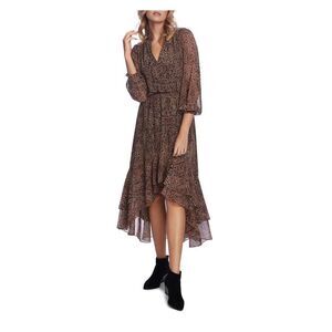 1. STATE Womens Brown Smock Waist 3/4 Sleeve V Neck Midi Cocktail Hi-Lo Dress XL